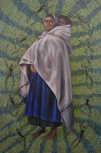 Julie Dowling, Unknown, Mother &amp; Child with Wiru, Spirits, 2017, Acryl, roter Ocker, Plastik auf Leinwand, 119,5 x 79,5cm, courtesy of Galerie Seippel, K&ouml;ln