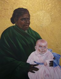 Julie Dowling, Unknown, Nanny with green shawl, 2017, Acryl, roter Ocker, Plastik auf Leinwand, 126 x 99,5cm, courtesy of Galerie Seippel, K&ouml;ln